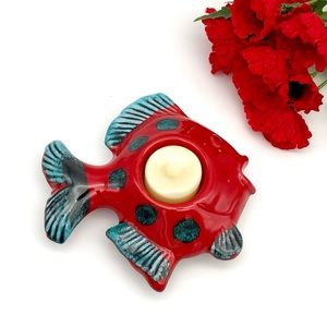 Vtg Italian Candle Holder Fish Pottery Red Teal Beach Coastal Decor Italy MCM